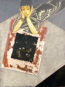 Ein goldenes Mädchen, ausgestreckt auf dem Boden und auf die Ellbogen gestützt von Jean Dunand