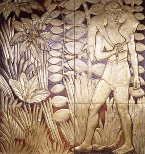 Vier lackierte und vergoldete Holztafeln aus "La Chase", ca. 1935-1949