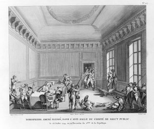 Robespierre verletzt, in den Vorraum des Wohlfahrtsausschusses gebracht am 28. Juli 1794, graviert von Pierre Gabriel Berthault (1748-1819)