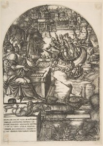 Der Künstler Jean Duvet in der Gestalt des Heiligen Johannes des Evangelisten, sitzend an einem Schreibtisch, ca. 1546-55