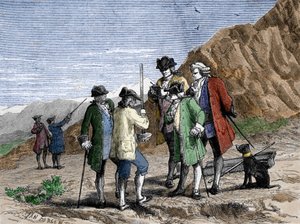 Florin Perier misst die Höhe des Barometers (Quecksilberrohr) von Evangelista Torricelli während des Experiments zur Schwerkraft der Luft von Blaise Pascal, auf dem Gipfel des Puy de Dôme (1648). Gravur von Yan Dargent