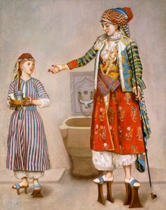 Eine Frau in türkischer Tracht in einem Hamam, die ihre Dienerin unterweist