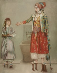 Eine Dame in türkischer Tracht mit ihrer Dienerin im Hammam