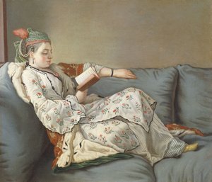 La Sultane Lisant, Eine Dame in türkischer Tracht, die auf einem Diwan liest von Jean Étienne Liotard
