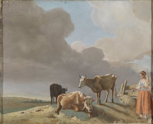 Landschaft mit Kühen, Schafen und Hirtin, geänderte Kopie nach einem Gemälde von Paulus Potter, die Hirtin kopiert von einem Gemälde von Karel Dujardin (recto); unvollendetes Porträt eines Mannes (verso) von Jean Étienne Liotard