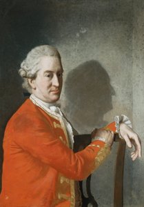 Porträt von James Hamilton, 2. Earl of Clanbrassil, Halbfigur, in einem roten Mantel, sitzend in einem Mahagonistuhl, sein Profil wirft Schatten an die Wand dahinter von Jean Étienne Liotard