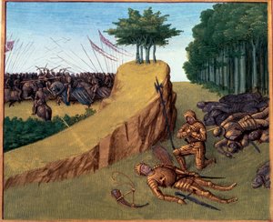 Schlacht von Roncesvalles (778). Roland starb in Roncevaux. Miniatur in „Grandes Chroniques de France“ (Folio 113) von Jean Fouquet (141.-147.) BN, Paris. von Jean Fouquet
