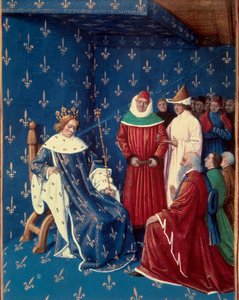 Karl V. (1338-1380) empfängt die Botschafter von Karl IV. (1316-1378), Kaiser des Heiligen Römischen Reiches im Jahr 1377. Miniatur aus einem Manuskript von Jean Fouquet (1420-1481)