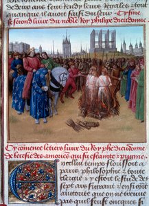 Verurteilung und Folterung der Amauricianer (Anhänger von Amaury de Chartres, französischer Philosoph und Theologe des 12. Jahrhunderts) in Anwesenheit von Philipp II., genannt Philipp August (1165-1223). Manuskript „Grandes Chroniques de France“ (Folio 23 von Jean Fouquet