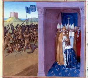 Niederlage von Griffon (Szene von links): Kampf von Pippin dem Jüngeren (714-768) und seinem Bruder Griffon. Ringe von Pippin dem Jüngeren in Laon im Jahr 754. Miniatur in „Grandes Chroniques de France“ (Folio 76) illuminiert von Jean Fouquet (15. Jahrhund