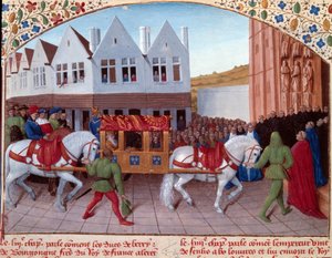 Einzug von Karl IV., deutscher Kaiser, 1378 in Saint-Denis. Miniatur aus „Große Chroniken von Frankreich“ (Folio 442). Illuminiert von Jean Fouquet von Jean Fouquet