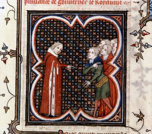 Étienne Marcel, ein Prévôt der Kaufleute von Paris, wird von König Johann II. dem Guten (1319-1364) von Frankreich aufgefordert, die „Grande Ordonance“ von 1357 zu respektieren und wegen seines Verhaltens getadelt, in den „Großen Chroniken von Frankreich“  von Jean Fouquet