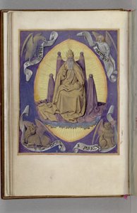 Gottvater mit Symbolen der vier Evangelisten in den Ecken. Stundenbuch, 1450-1499