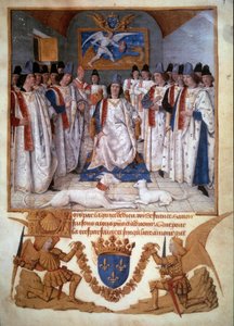 Abhaltung eines Kapitels des Ordens vom Heiligen Michael um Ludwig XI. (1423-1483). Miniatur aus „Statuten des Ordens vom Heiligen Michael“ von Jean Fouquet (1420-1481) 1470 Paris, B.N.