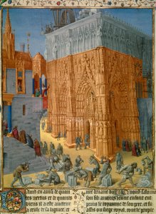 König Salomos Bau des Tempels von Jerusalem. Der König beobachtet den Bau vom Balkon seines Palastes. Miniatur aus dem Manuskript „The Judaic Antiquities“ von Josephus Flavius, illustriert von Jean Fouquet von Jean Fouquet