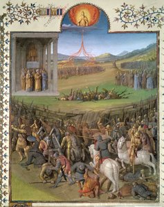 Ms Fr 247 f.70 Schlacht der Hebräer gegen die Kanaaniter und die Bestrafung von Korah und den Rebellen, Illustration aus 
