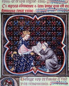 Primas präsentiert den Text der großen Chroniken Frankreichs an Philipp III. Miniatur aus dem Manuskript von Jean Fouquet Grandes Chroniques de France von Jean Fouquet