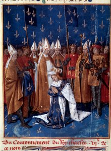 Heiliger Karl VI. in Reims im Jahr 1380. Miniatur in „Grandes Chroniques de France“ (Folio 457v), illuminiert von Jean Fouquet (1420-1481) 1455-1460. BN, Paris.