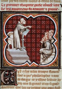 Der französische Philosoph und Theologe Amaury de Chartres (oder Amaury de Bene oder Amalricus de Bene) vor seinen Schülern (den Amauricianern). Miniatur aus Les Grandes Chroniques de France, illuminiert von Jean Fouquet von Jean Fouquet