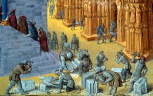 Der Bau des Jerusalemer Tempels durch König Salomo Detail, das die Steinmetze darstellt. Miniatur aus dem Manuskript „Die jüdischen Altertümer“ von Flavius Josephus (37-100) illustriert von Jean Fouquet (1425-1481) von Jean Fouquet