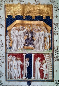 Die Krönung von Karl VI. (1368-1422) durch die Peers von Frankreich am 16.09.1380. Miniatur aus „Grandes Chroniques de France“ von Jean Fouquet (1420-1481) 15. Jahrhundert Paris, B.N.