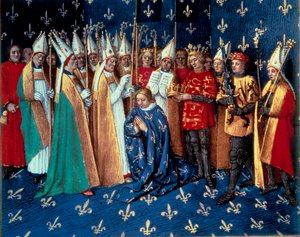 Die Krönung von Philippe Auguste in Reims am 1.11.1179. Miniatur aus den Chroniken von Saint Denis von Jean Fouquet (1420-1481) von Jean Fouquet