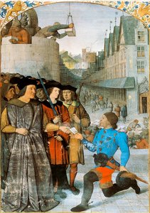 Vizegraf von Rochechouart empfängt einen königlichen Boten. Miniatur von Jean Fouquet (1420-1481) aus "Die großen Chroniken von Frankreich". 1455-1460
