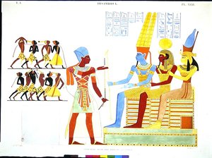 Ein Pharao in Militärkleidung bietet eine Gruppe von Gefangenen den Göttern (v.l.n.r.) Amon, Khonsu und Mut an von Jean Francois Champollion