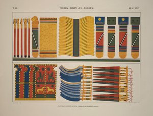 Verschiedene ägyptische Waffen und Rüstungen, Theben, Biban-el-Molouk, Illustration aus "Monuments de L"Egypte et de la Nubie, 1845" von Jean Francois Champollion