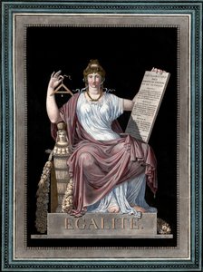 Gleichheit - Gravur von Jean François (Jean-François) Janinet (1752-1814) - Allegorie der Gleichheit, die die Erklärung der Menschenrechte hält. 1793 von Jean Francois Janinet