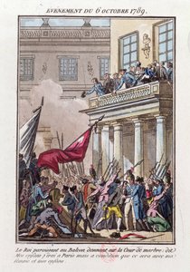 Ludwig XVI. erscheint am Balkon in Versailles am 6. Oktober 1789, um dem Pariser Mob zu sagen, dass er nach Paris gehen wird, unter der Bedingung, dass seine Frau und Familie mitreisen von Jean Francois Janinet