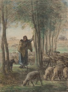 Eine Schäferin und ihre Herde im Schatten der Bäume, 1854-55
