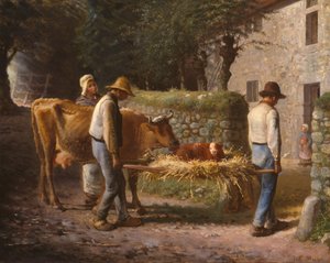 Bauern bringen ein auf dem Feld geborenes Kalb nach Hause, 1864 von Jean Francois Millet
