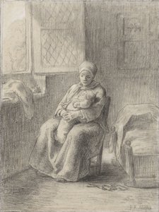 Sitzende Frau mit Baby am Fenster, ca. 1824-75 von Jean Francois Millet