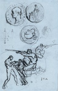 Drei Studien für antike Münzen, Jäger und einen Mann mit einem Löwen von Jean Francois Millet
