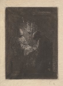 Zwei Frauen beim Nähen bei Lampenlicht, ca. 1853