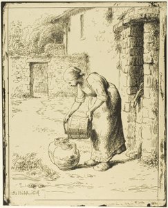 Frau, die einen Eimer leert von Jean Francois Millet