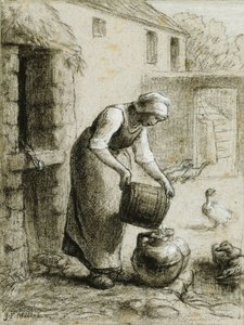 Frau gießt Wasser in Milchkannen