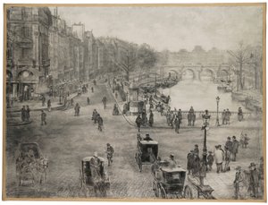 Paris, Der Platz Saint Michel mit dem Quai des Grands Augustins und der Pont Saint Michel im Vordergrund und der Pont Neuf und der Louvre im Hintergrund, ca. 1900 von Jean Francois Raffaelli