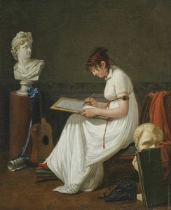 Porträt einer jungen Frau, die den Kopf des Apollo zeichnet