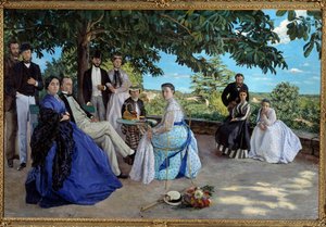 Familientreffen: Porträt einer französischen bürgerlichen Familie im Garten. Von links nach rechts: Jean Frederic Bazille, sein Onkel Monsieur des Hours, seine Mutter und sein Vater, seine Cousine Pauline und ihr Ehemann Monsieur Teulon, seine Tante Madame von Jean Frederic Bazille