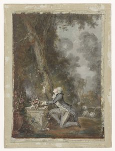 Junger Mann kniend an einem Liebesaltar in einem Garten von Jean Frederic Schall
