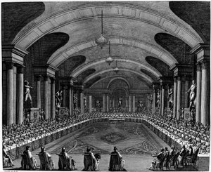 Französische Revolution: „Eröffnungssitzung des Instituts im Jahr 1795“. Am 25. Oktober von Jean Girardet
