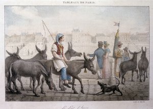 Altes Straßenhandwerk in Paris: Eselsmilchhändler - Gravur von Jean Henry Marlet (1771-1847) in „Les Tableaux de Paris“, Serie von 72 Drucken, Ende des 19. Jahrhunderts von Jean Henri Marlet