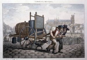 Ehemaliger Straßenberuf in Paris: Bad zu Hause (zwei Männer ziehen einen Wagen mit einem Fass voller Wasser). Gravur von Jean Henry Marlet (1771-1847) in „Les Tableaux de Paris“, Serie von 72 Drucken, späte 19. Jahrhundert. von Jean Henri Marlet