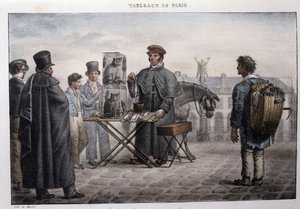 Ehemaliger Straßenberuf in Paris: der Rattentod-Händler (Camelot). Gravur von Jean Henry Marlet in „Les Tableaux de Paris“, Serie von 72 Drucken, Ende des 19. Jahrhunderts.