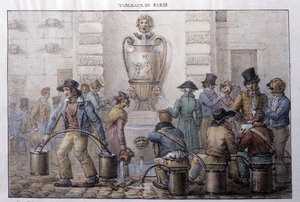 Ehemalige Straßenberufe in Paris: Wasserträger vor einem Brunnen. Gravur von Jean Henry Marlet (1771-1847) in „Les Tableaux de Paris“, Serie von 72 Drucken, späte 19. Jahrhundert von Jean Henri Marlet
