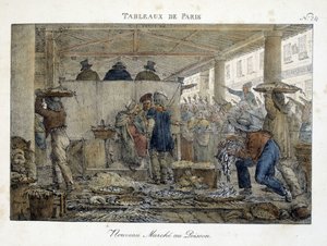 Der neue Fischmarkt von Paris - Lithographie von Brocas von Jean Henri Marlet