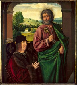 Porträt von Pierre II de Beaujeu, Herzog von Bourbon (1439-1505), präsentiert von Saint Pierre von Jean Hey