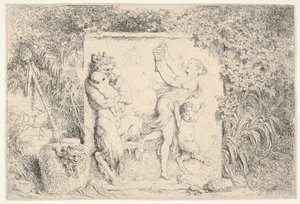 Ein Basrelief, das einen Satyr links zeigt, der zwei Säuglinge hält, ein weiteres Kind Satyr rechts..., 1763 von Jean Honore Fragonard